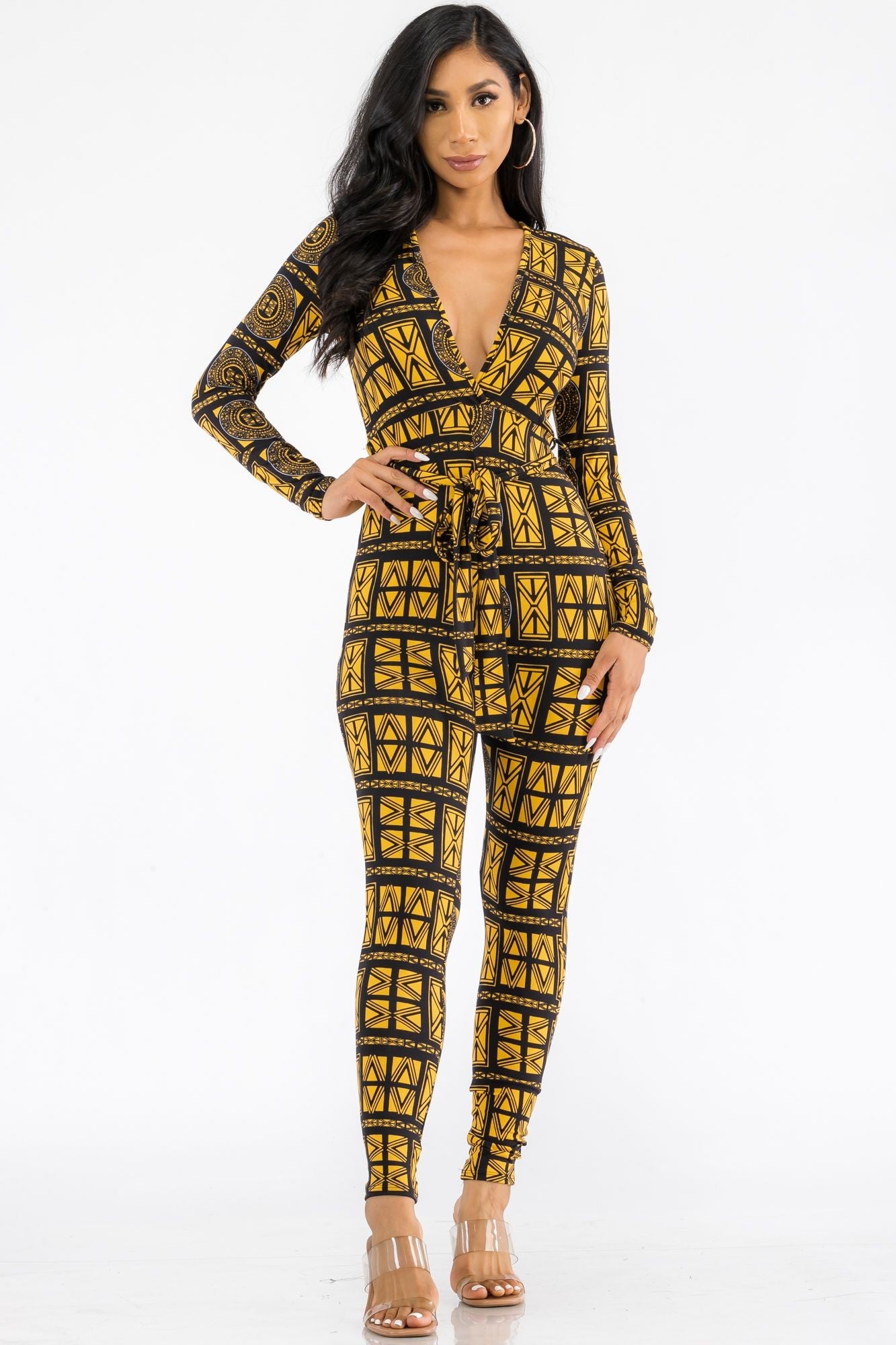 HH626R-TRIBAL-1 - Tribal Print Deep V-Neck Tie Waist Jumpsuit