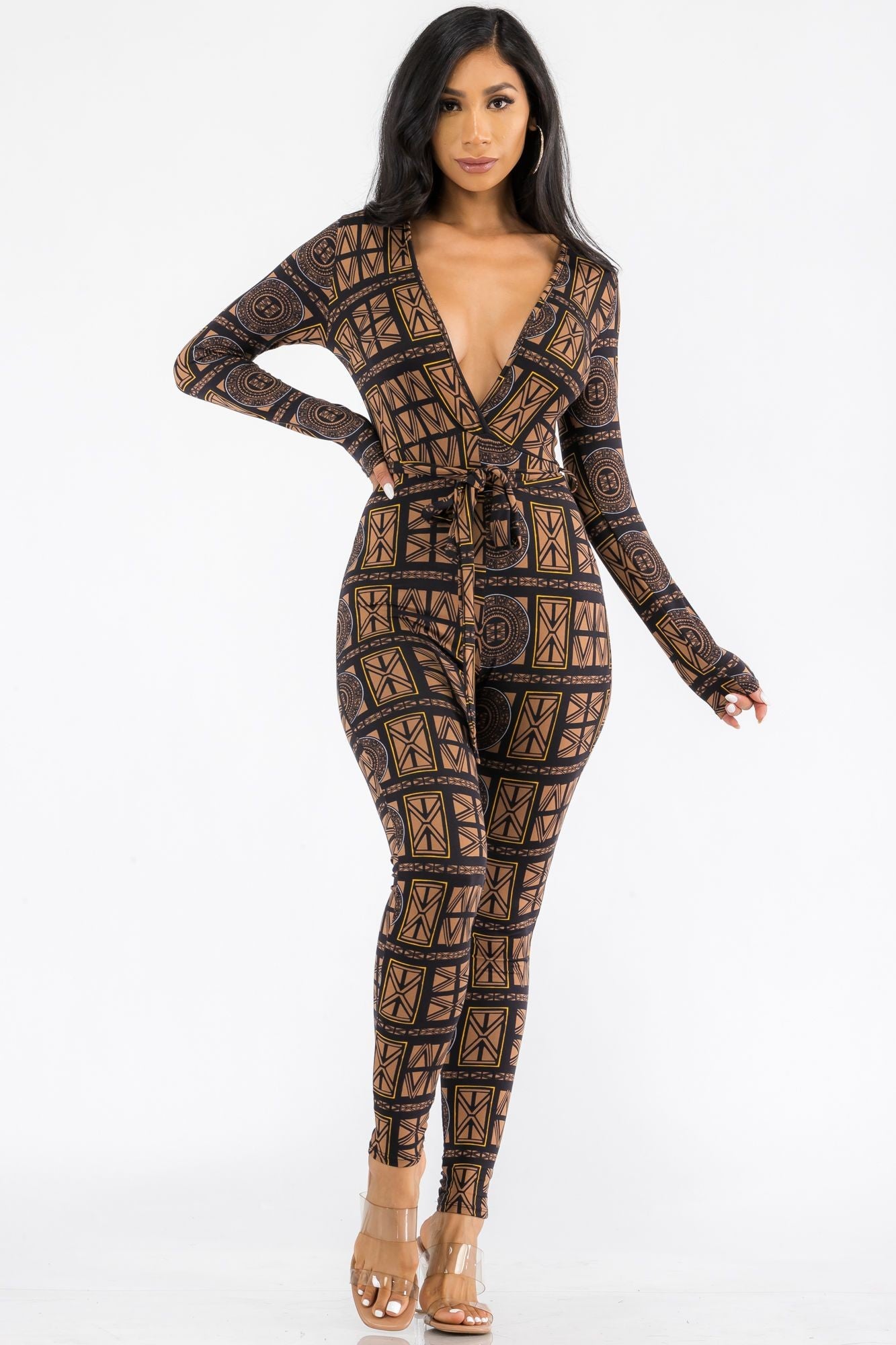HH626X-TRIBAL-1 - Plus Size Tribal Print Deep V-Neck Tie Waist Jumpsuit