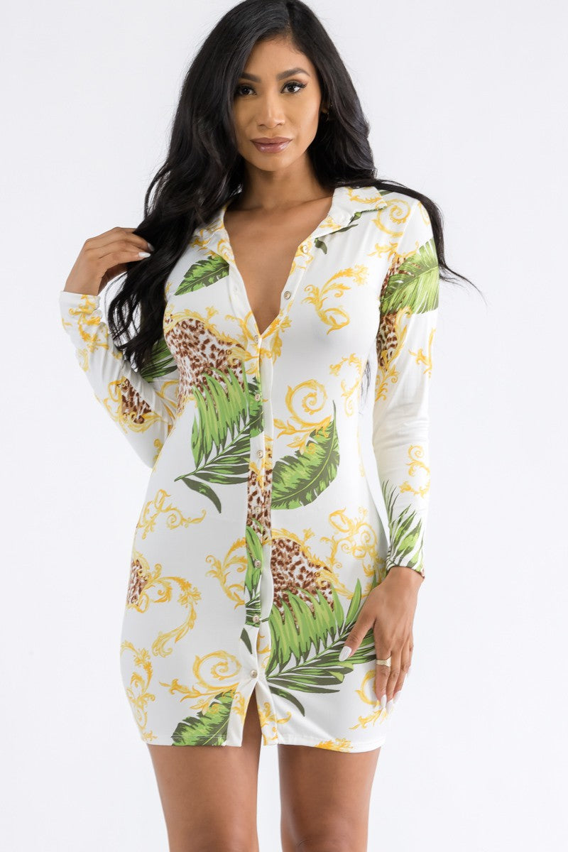 HH664X-PALM - BUTTON DOWN MINI DRESS