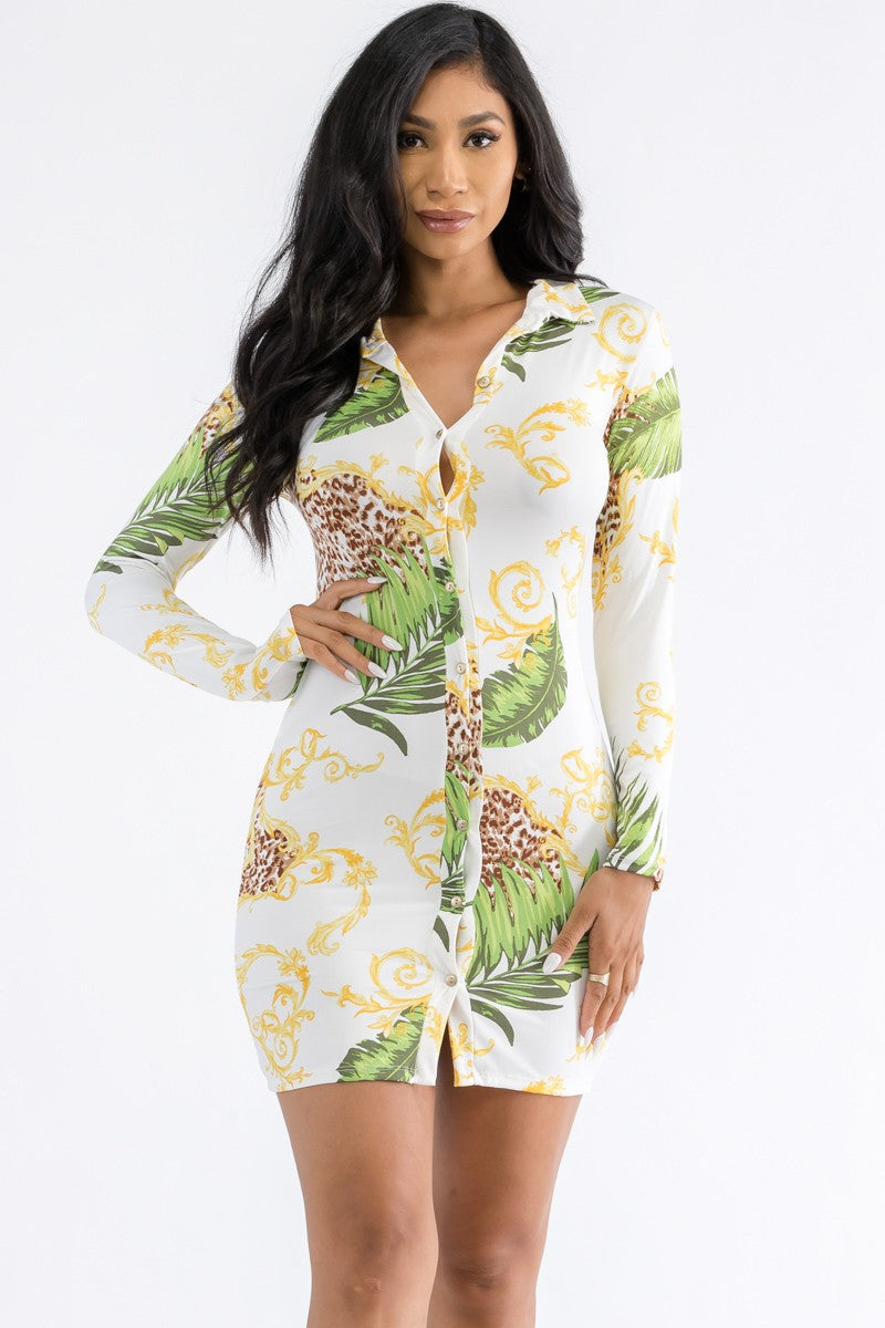 HH664R-PALM - BUTTON DOWN MINI DRESS
