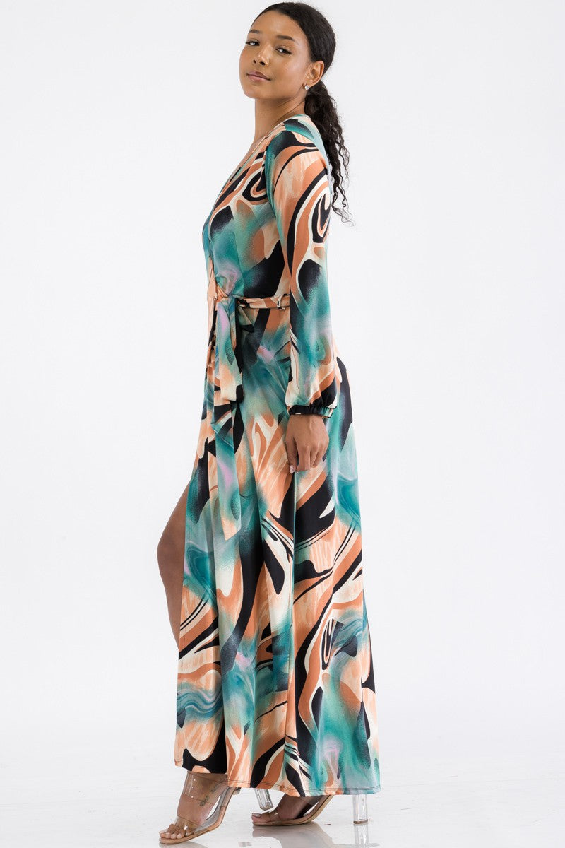 HH548R-SWIRL - LONG SLEEVE MAXI DRESS