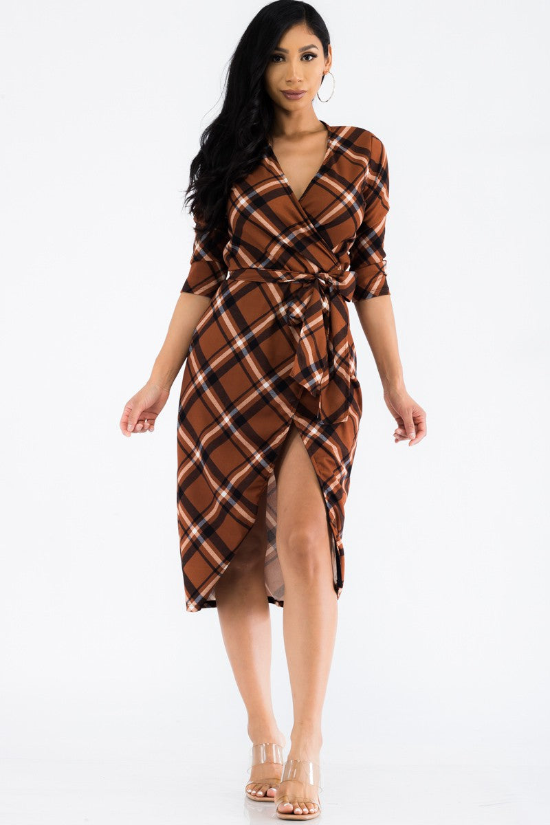 HH535R-PLAID - VESTIDO CRUZADO MIDI