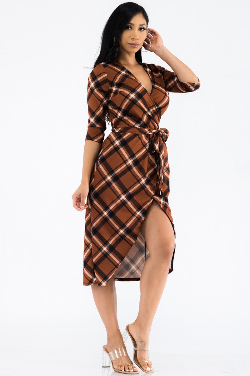 HH535R-PLAID - VESTIDO CRUZADO MIDI