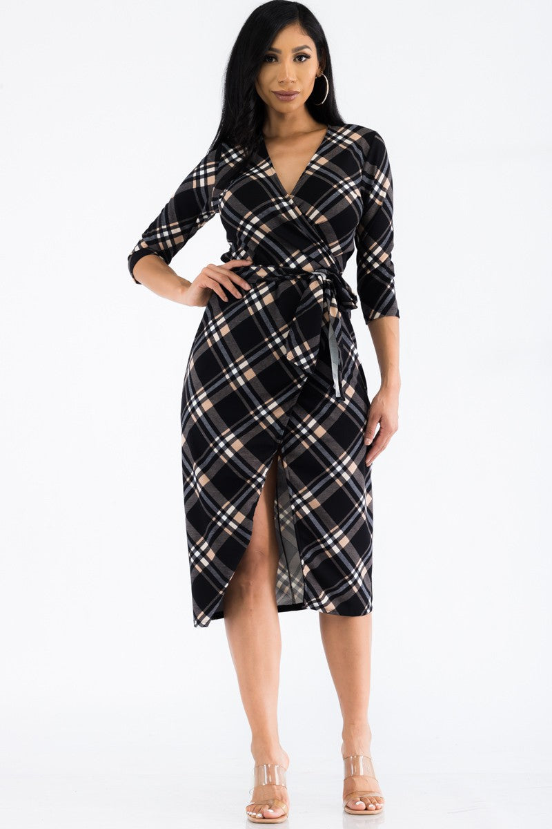 HH535R-PLAID - MIDI WRAP DRESS