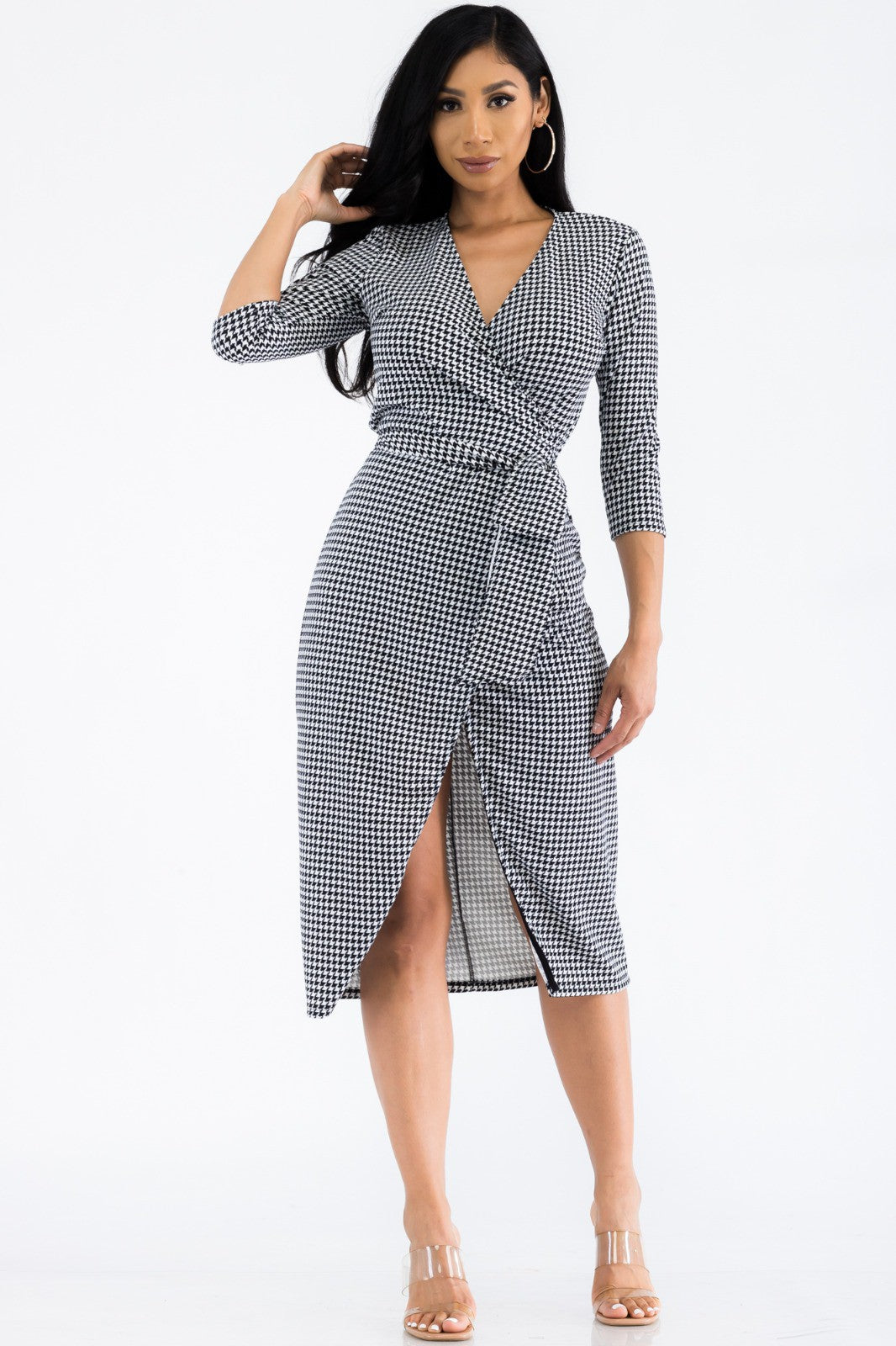 HH535R-HOUNDSTOOTH - MIDI WRAP DRESS