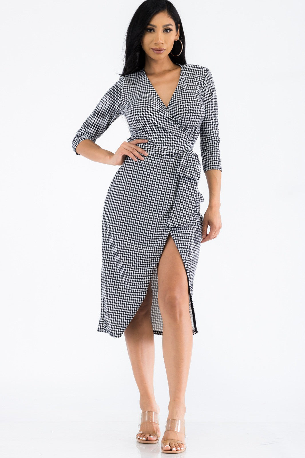 HH535R-HOUNDSTOOTH - MIDI WRAP DRESS