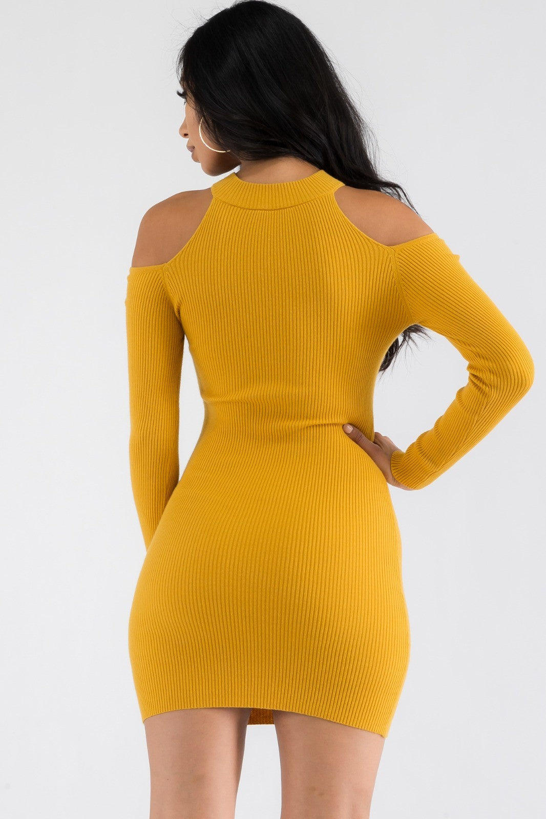 CH127X-LS - COLD SHOULDER MINI RIBBED DRESS