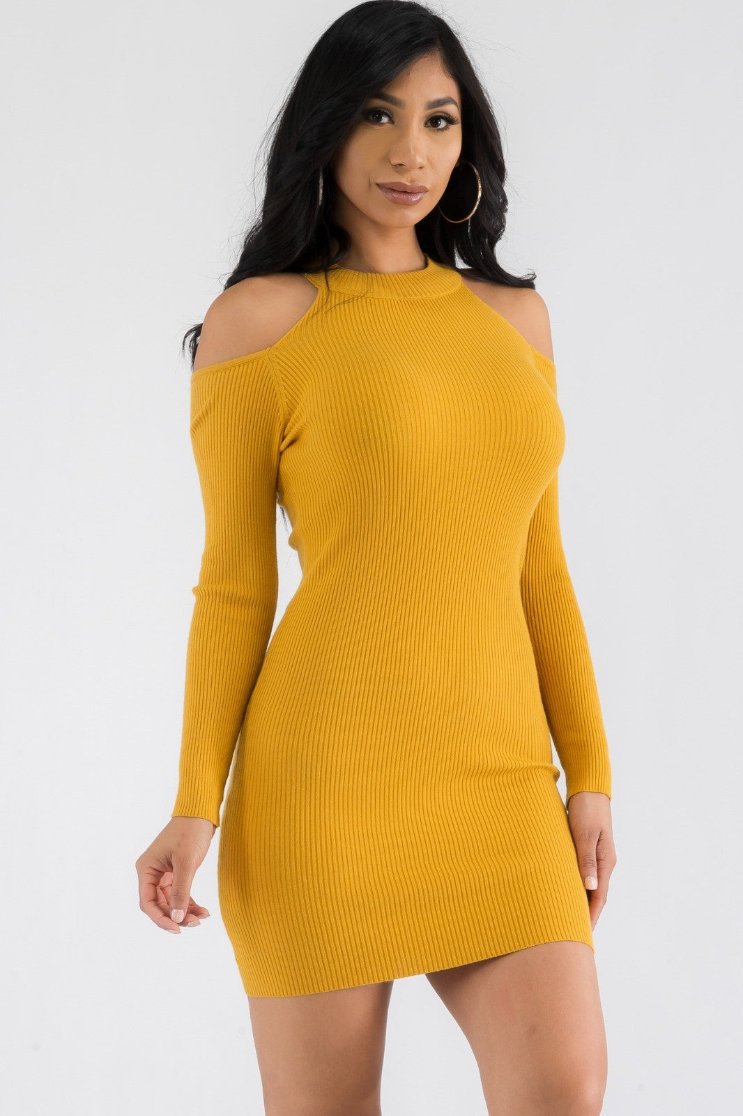 CH127X-LS - COLD SHOULDER MINI RIBBED DRESS