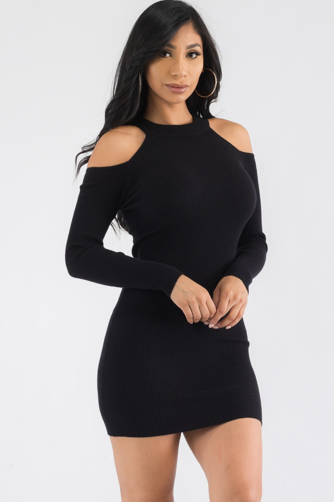 CH127X-LS - COLD SHOULDER MINI RIBBED DRESS