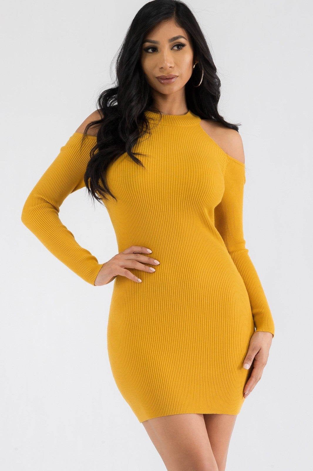 CH127X-LS - COLD SHOULDER MINI RIBBED DRESS