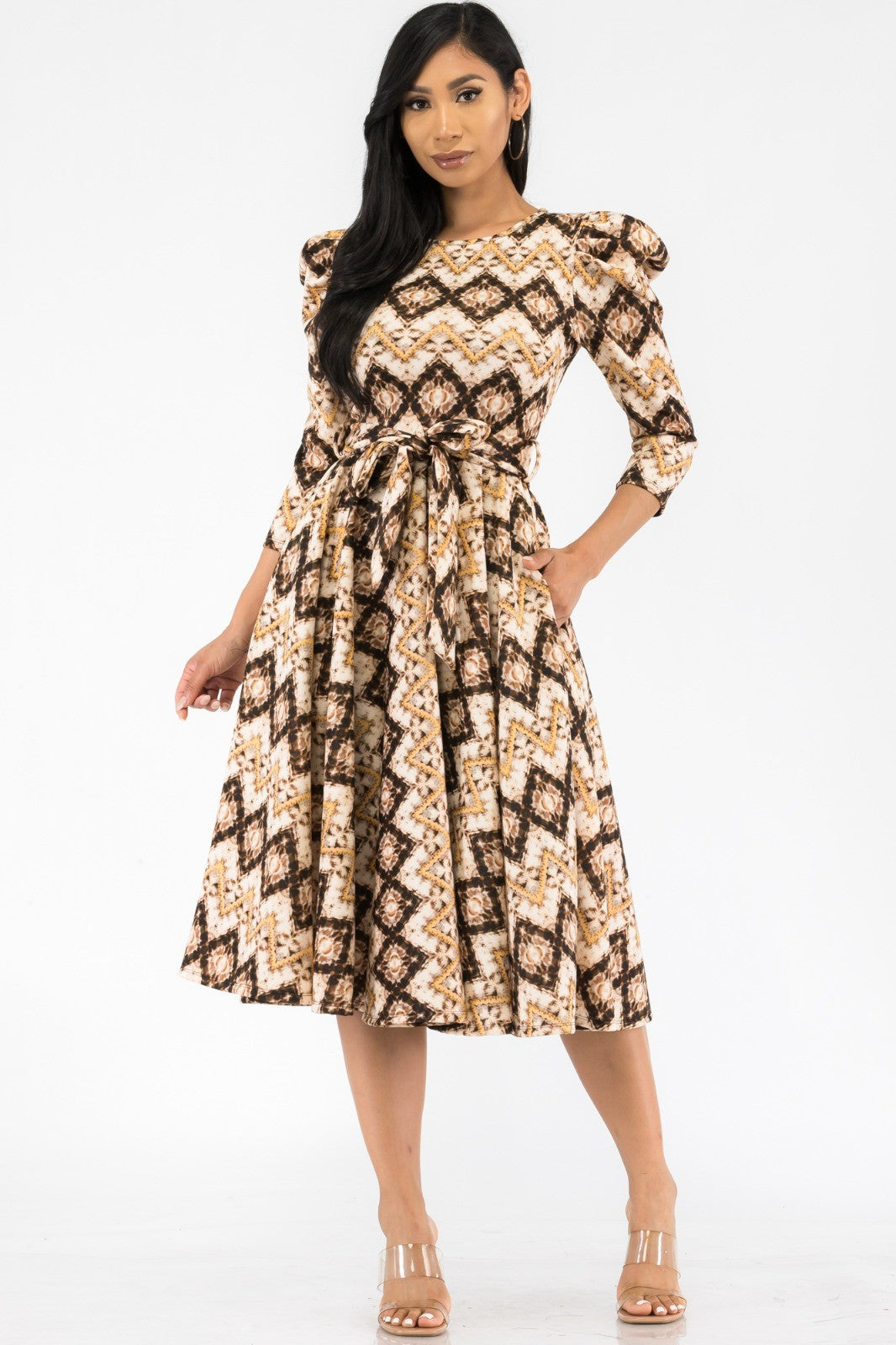 HH698LSR-GEOMETRIC - PUFF SLEEVE MIDI COCKTAIL DRESS