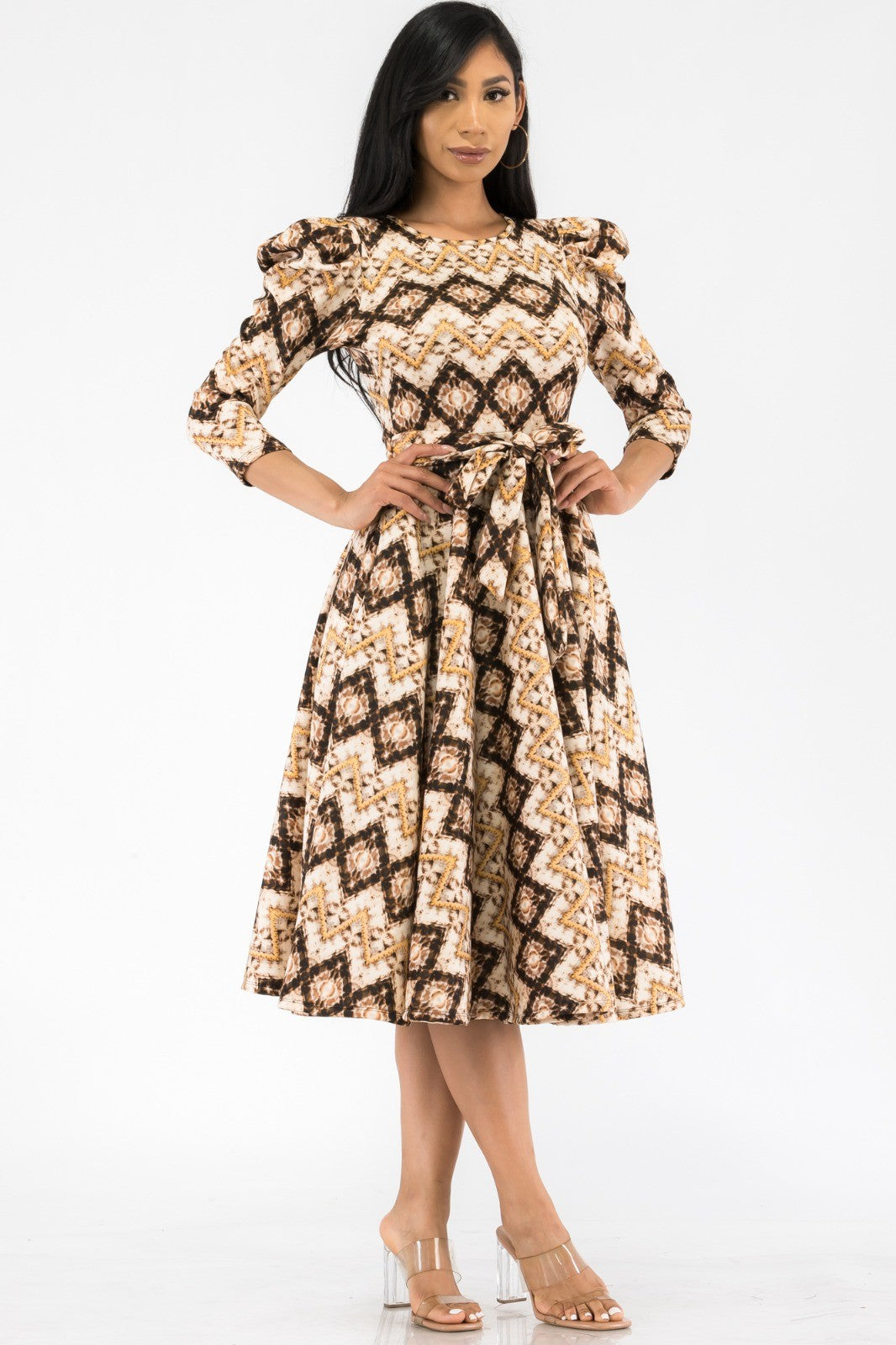 HH698LSR-GEOMETRIC - PUFF SLEEVE MIDI COCKTAIL DRESS