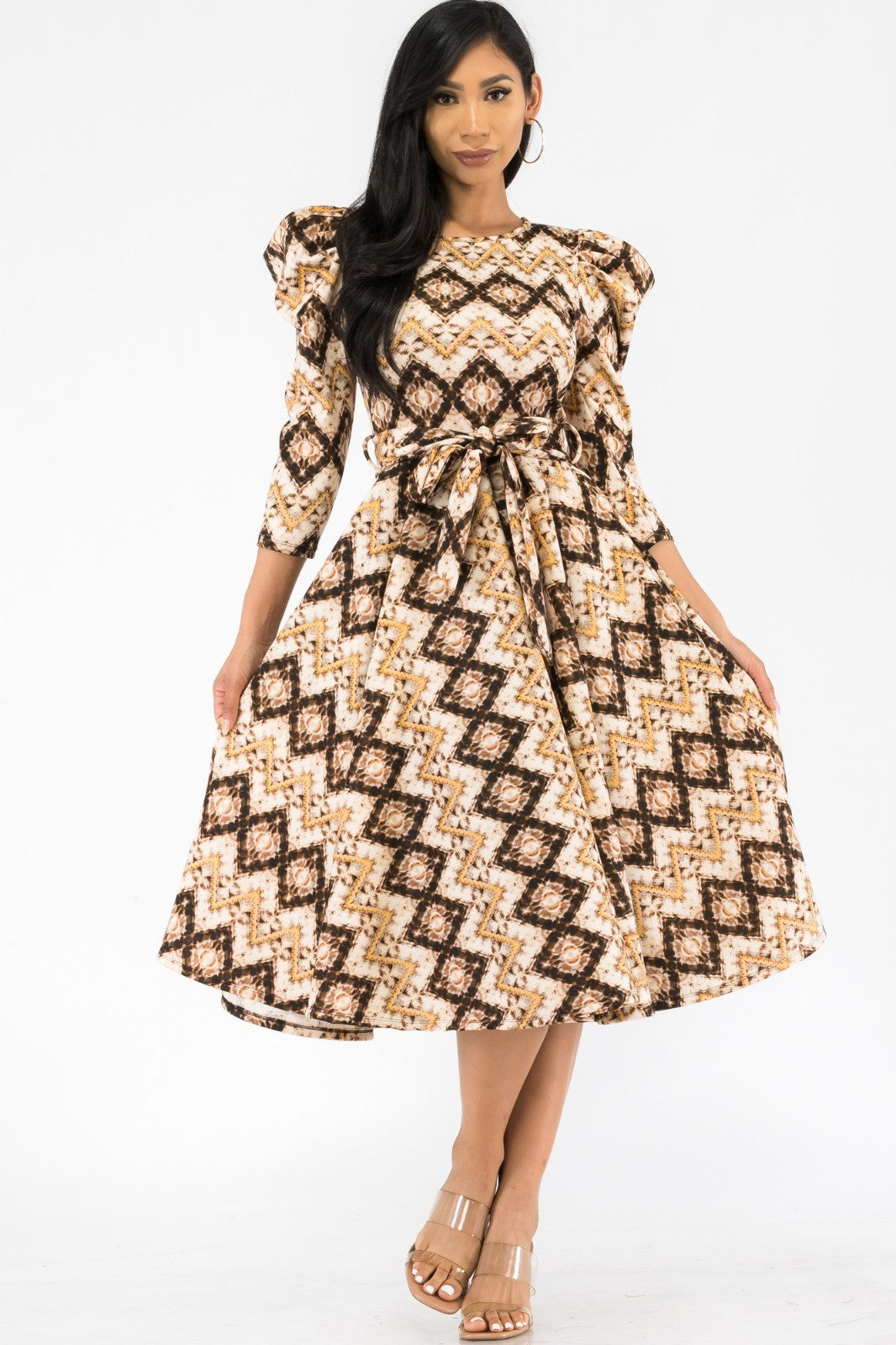 HH698LSR-GEOMETRIC - PUFF SLEEVE MIDI COCKTAIL DRESS