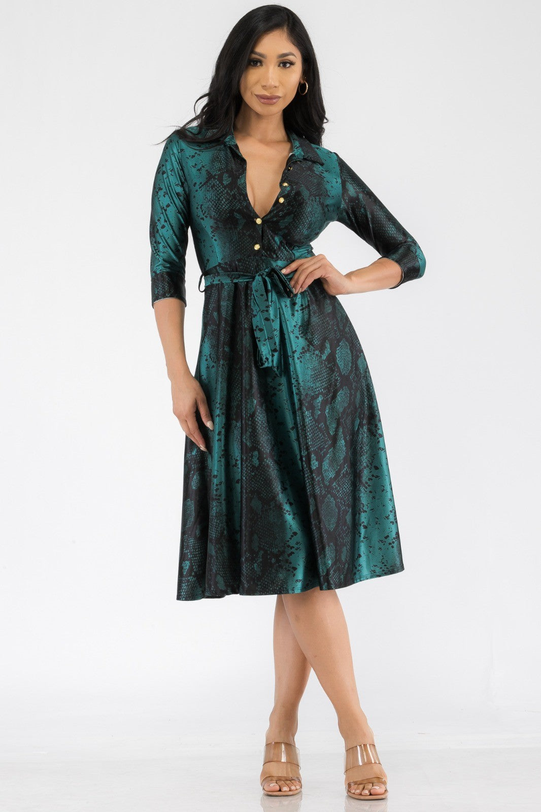 HH649R-SNAKE - MIDI BUTTON FRONT DRESS