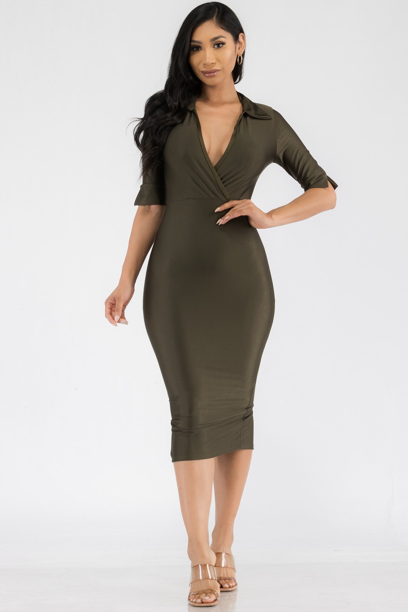 HH714R-SL - SATIN COLLAR MIDI DRESS