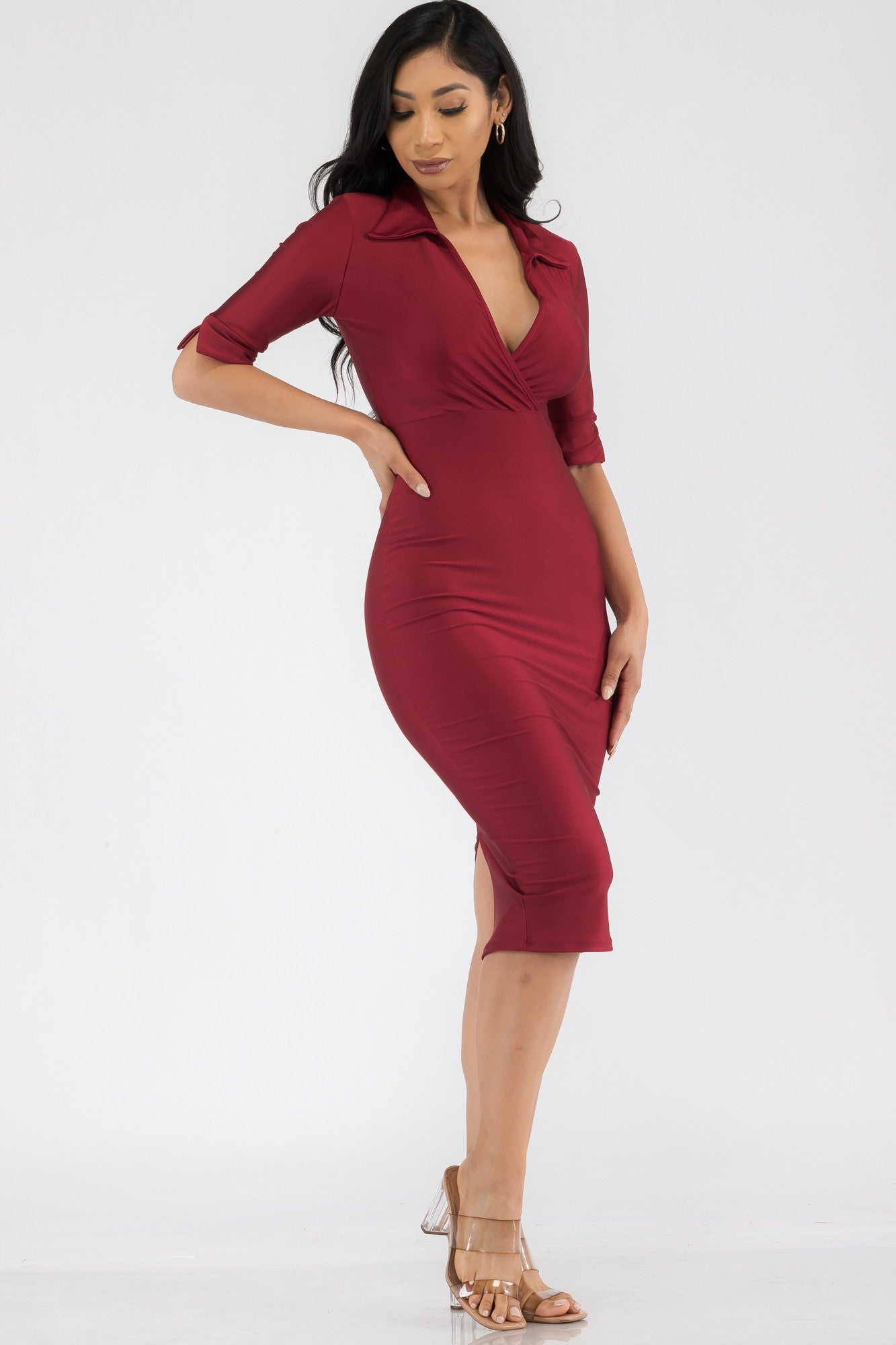 HH714R-SL - SATIN COLLAR MIDI DRESS