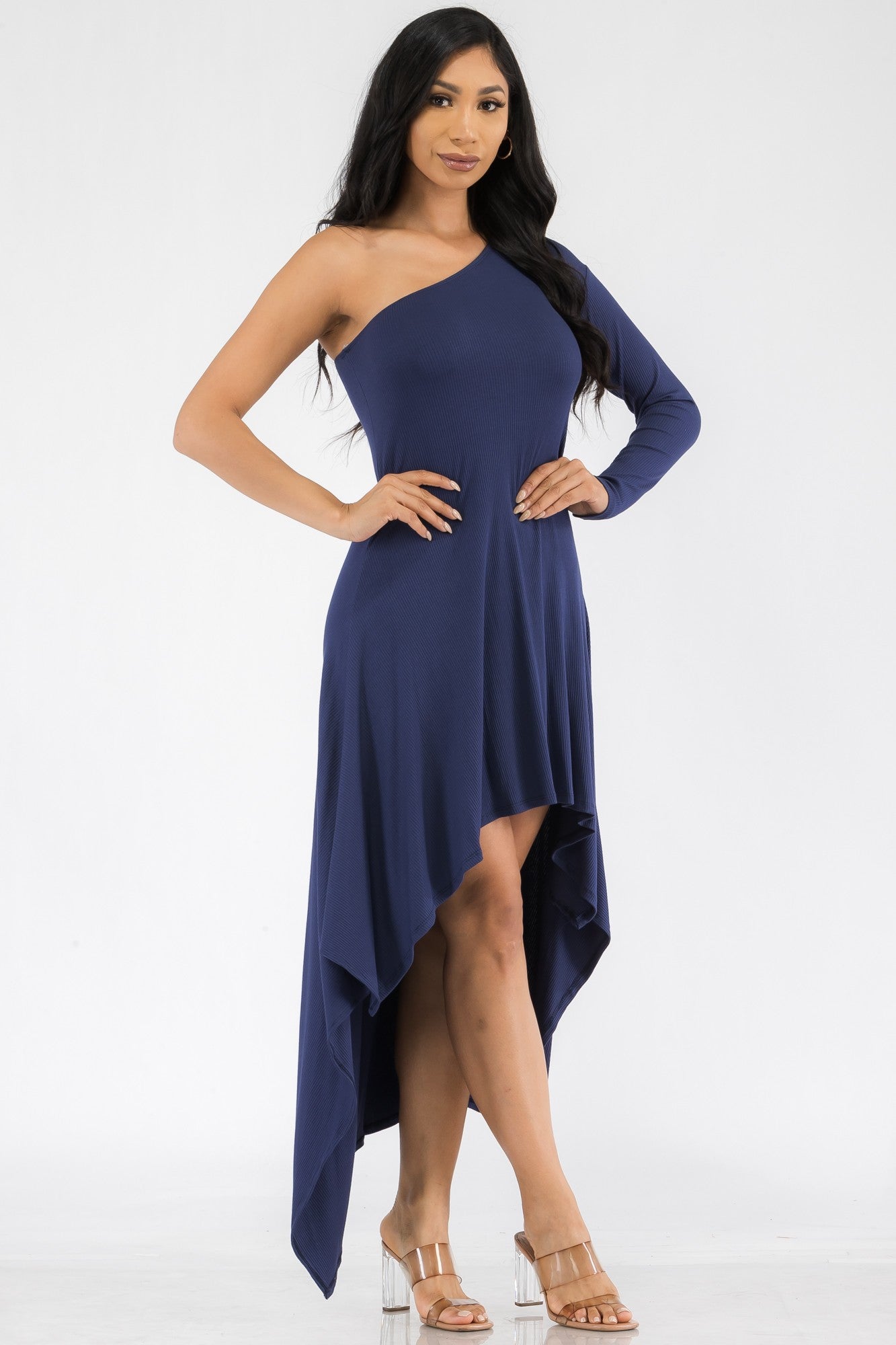 HH597R-SOL - ONE SHOULDER HIGH LOW MAXI DRESS