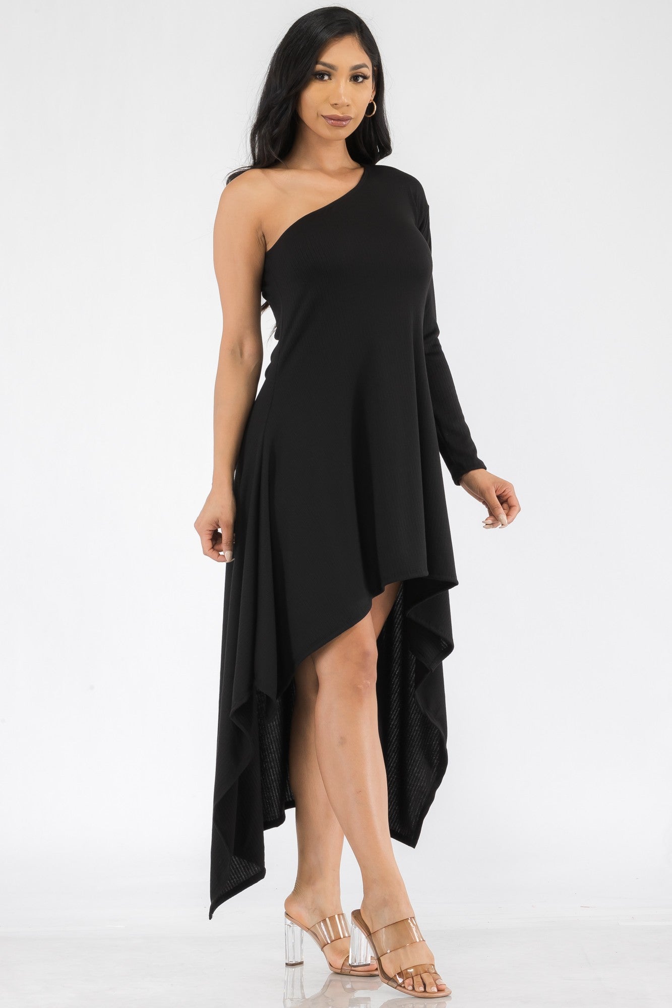 HH597R-SOL - ONE SHOULDER HIGH LOW MAXI DRESS