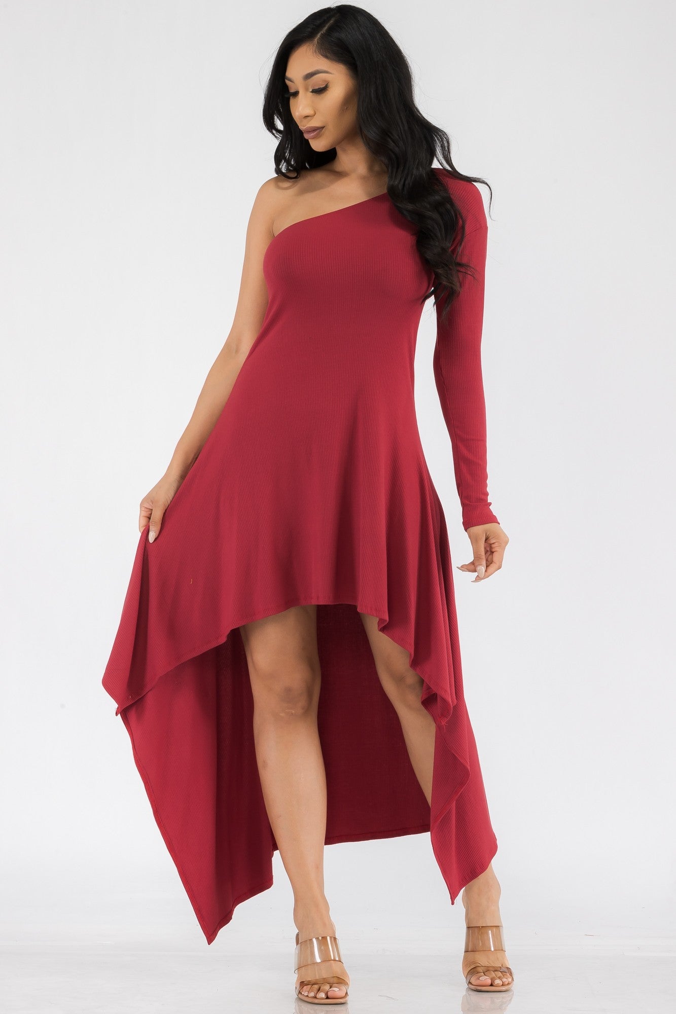 HH597R-SOL - ONE SHOULDER HIGH LOW MAXI DRESS