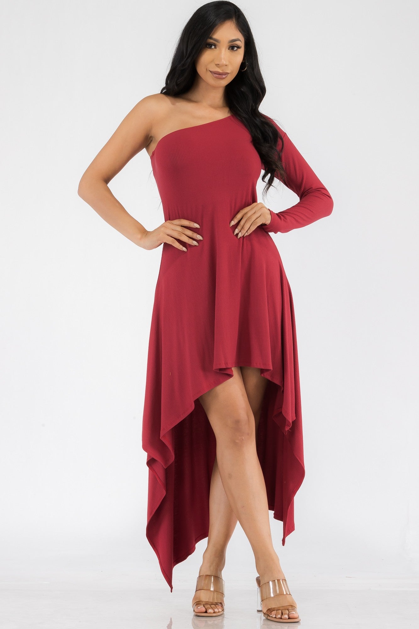 HH597R-SOL - ONE SHOULDER HIGH LOW MAXI DRESS