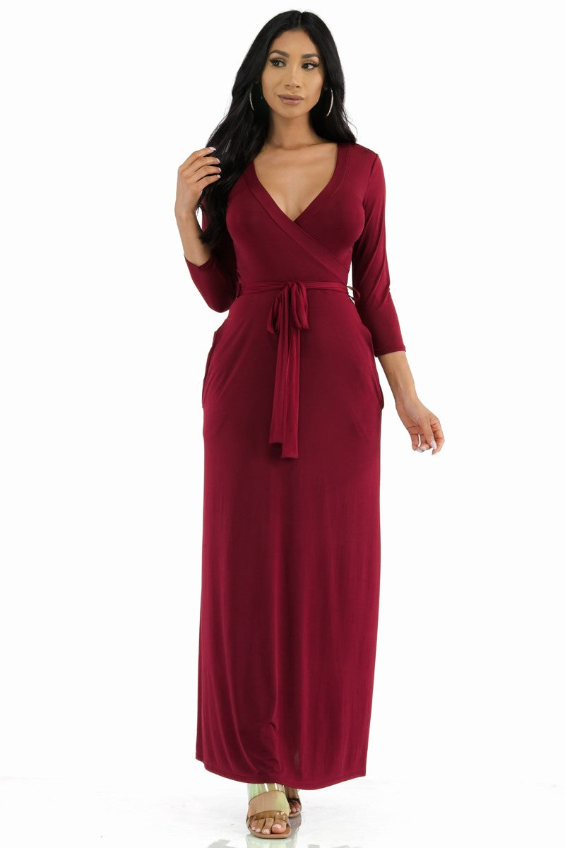 SAN149X-SOL - Surplice Neckline Maxi Dress