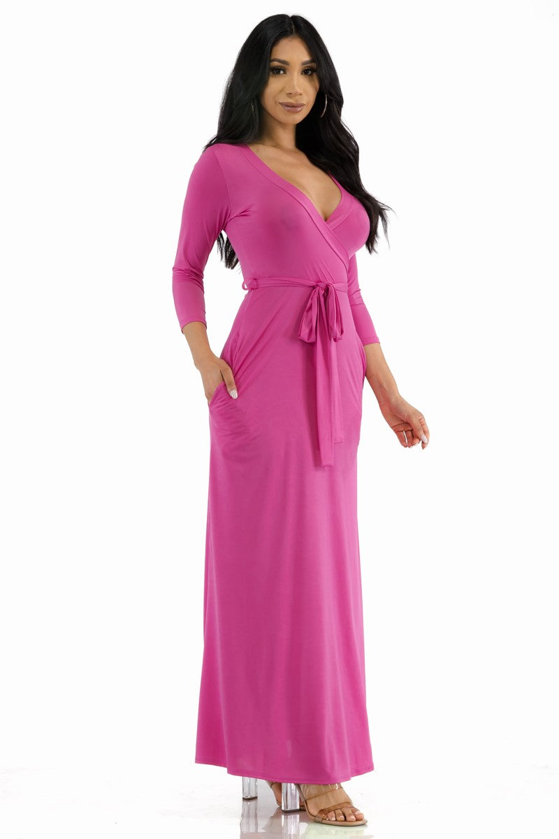 SAN149X-SOL - Surplice Neckline Maxi Dress