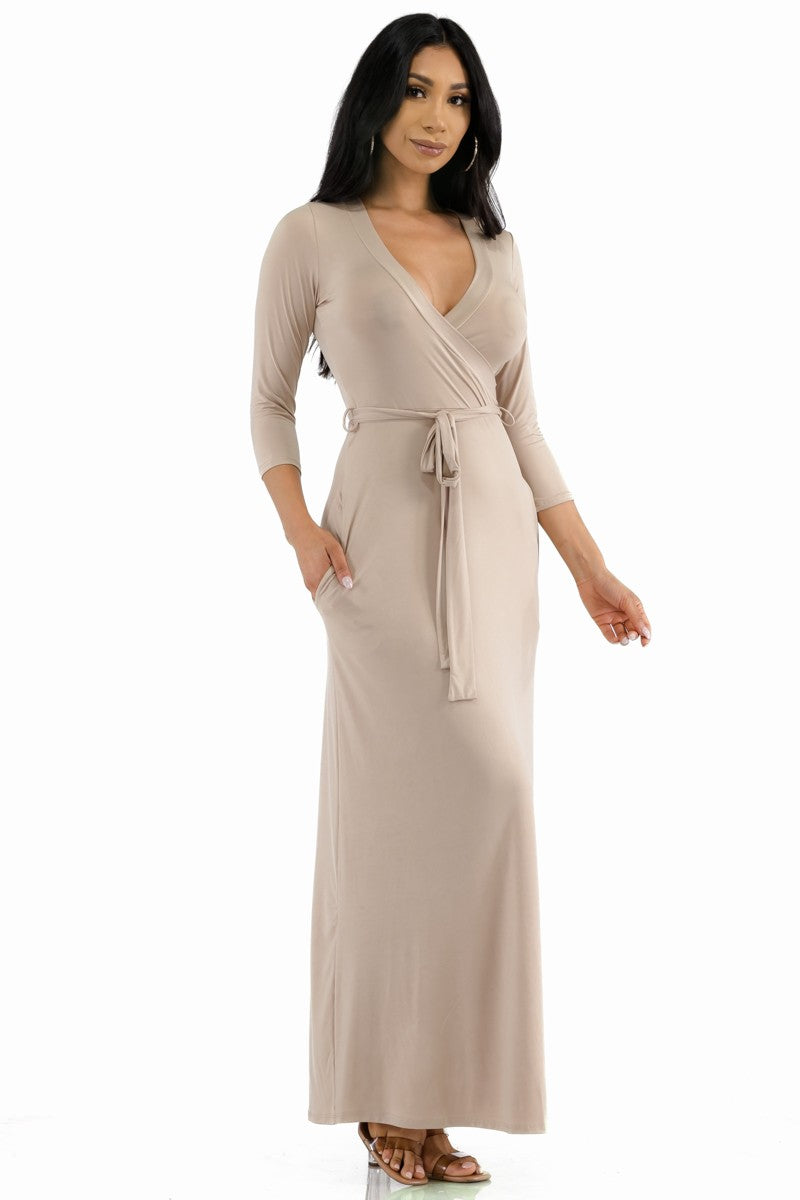 SAN149X-SOL - Surplice Neckline Maxi Dress