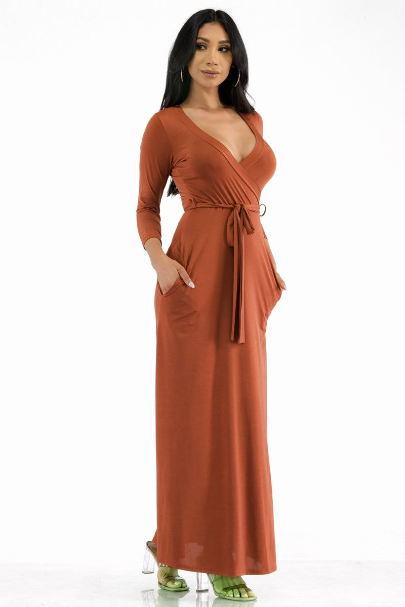 SAN149X-SOL - Surplice Neckline Maxi Dress