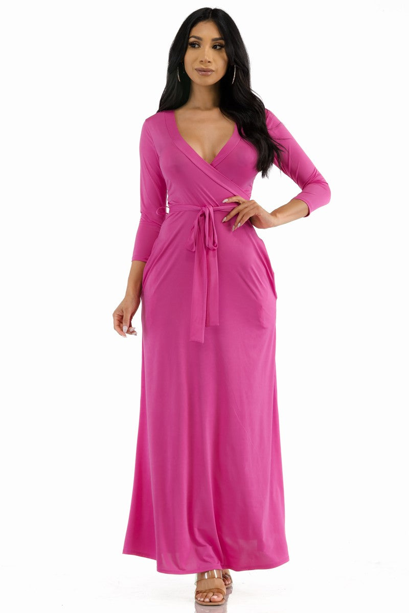 SAN149X-SOL - Surplice Neckline Maxi Dress