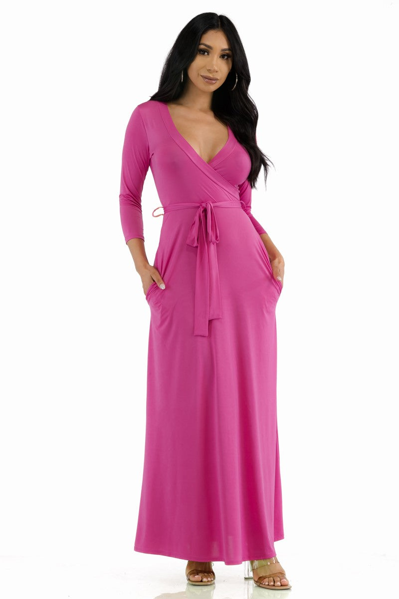 SAN149X-SOL - Surplice Neckline Maxi Dress