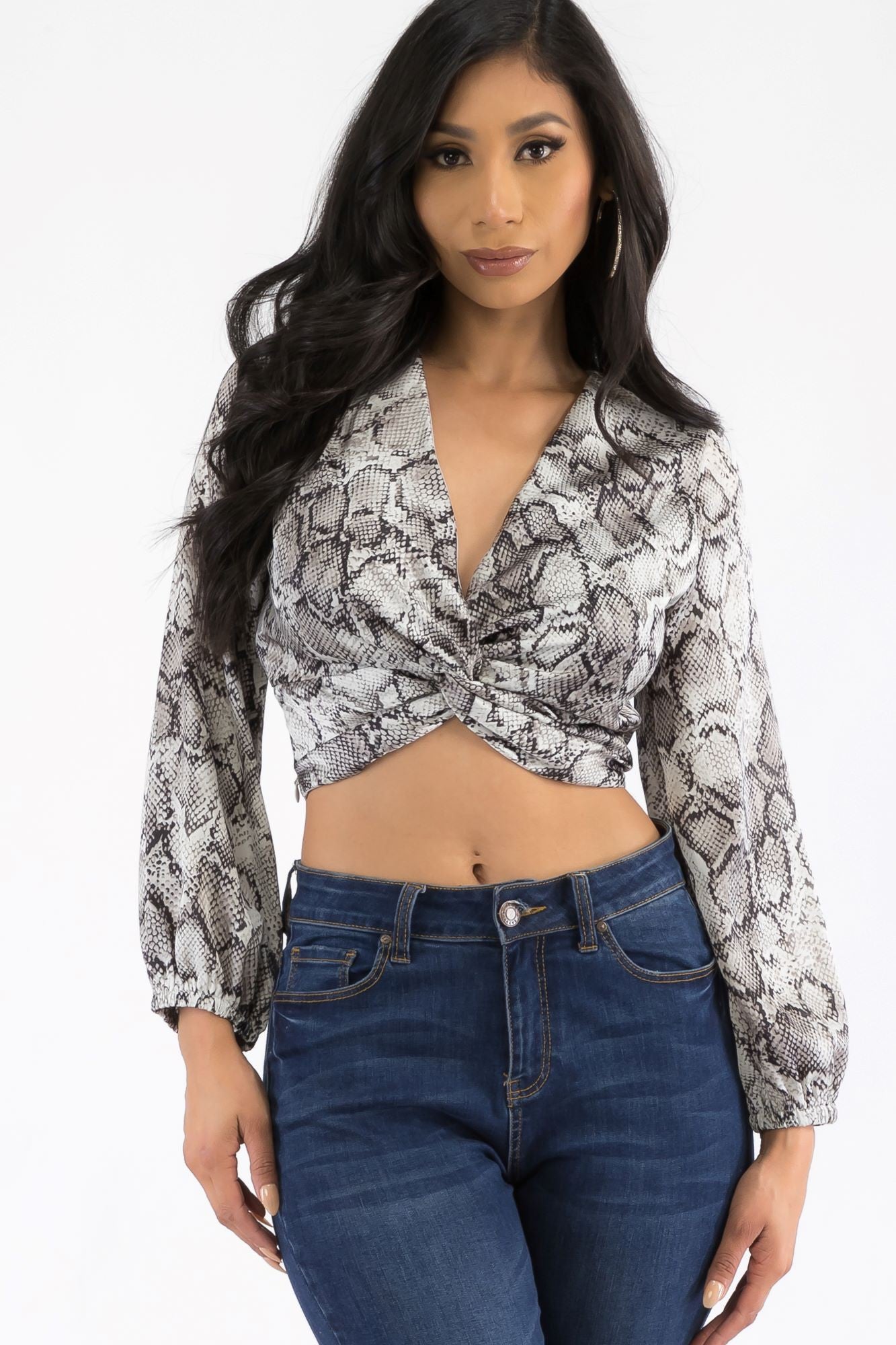 LST0006 - SATIN SNAKE PRINT LONG SLEEVE TWISTED FRONT