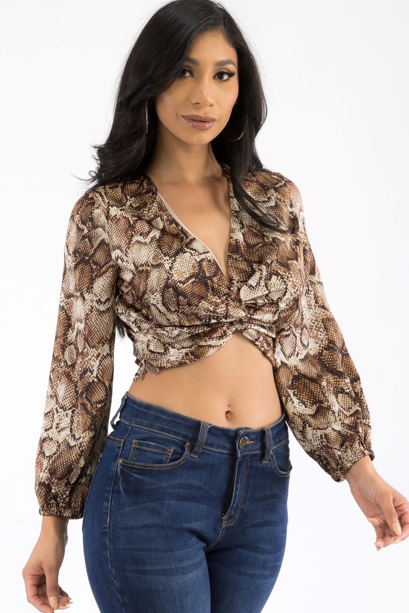 LST0006 - SATIN SNAKE PRINT LONG SLEEVE TWISTED FRONT