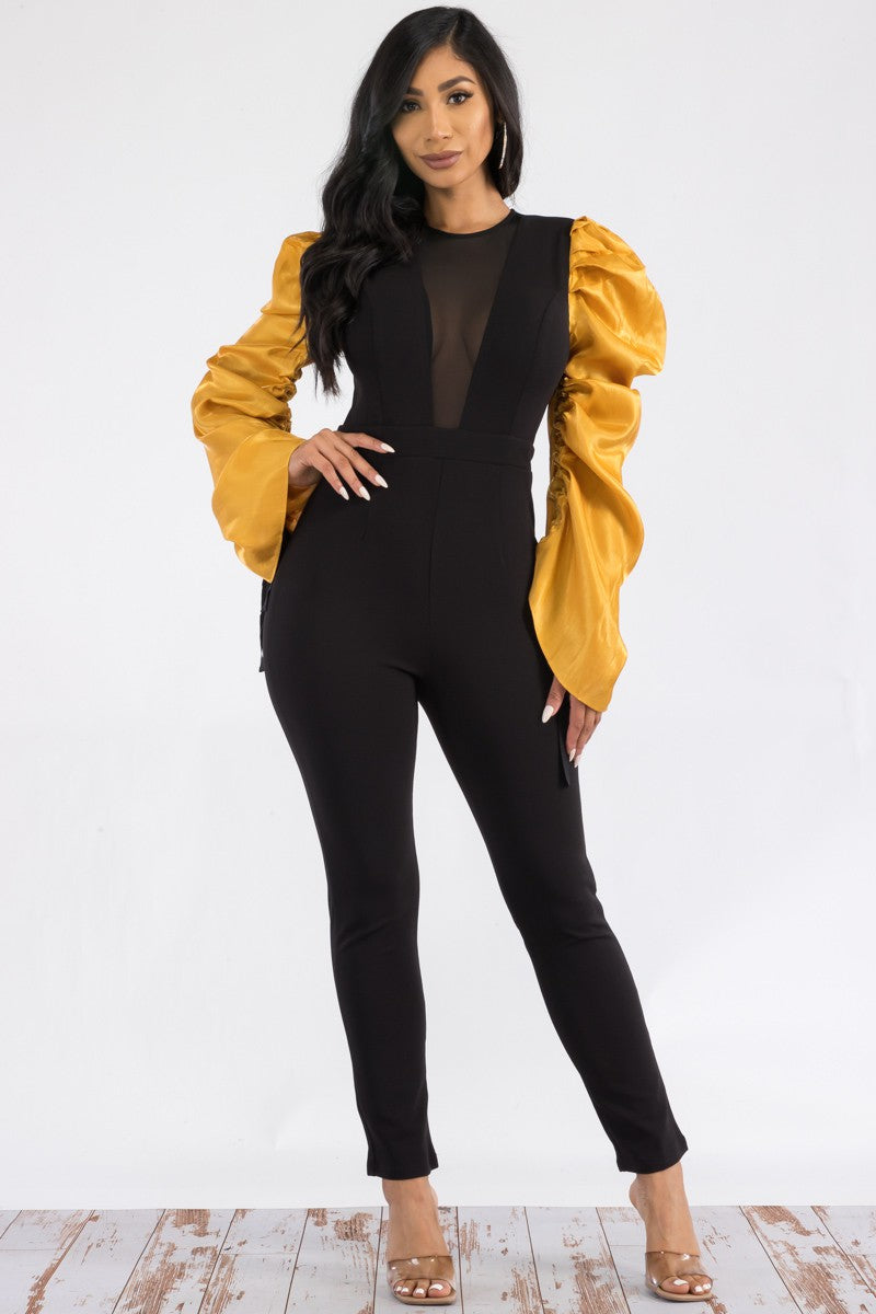 RE90492-1 RUCHED LONG SLEEVE JUMPSUIT