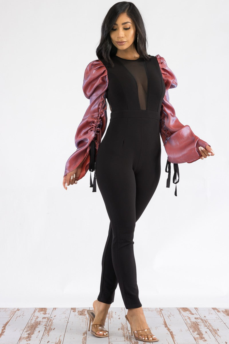 RE90492-1 RUCHED LONG SLEEVE JUMPSUIT