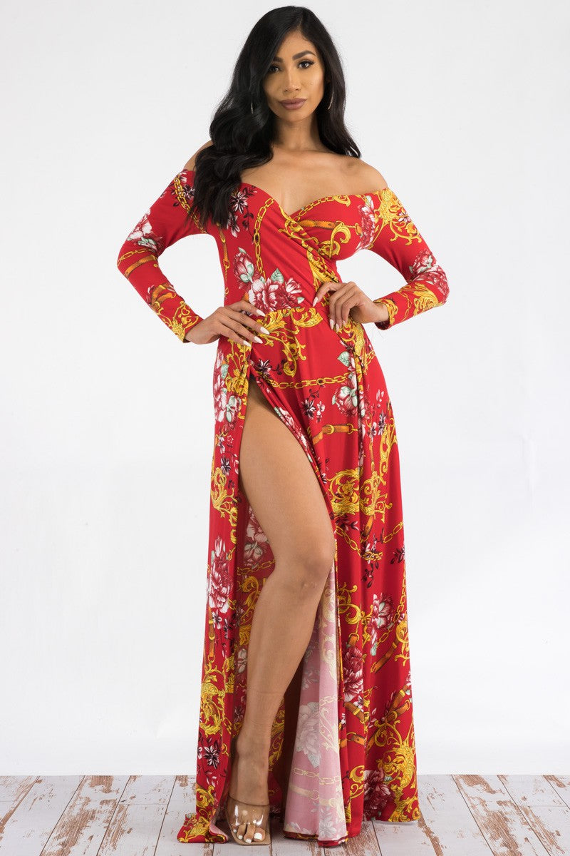 D7787 - Off The Shoulder Long Sleeve Maxi Dress