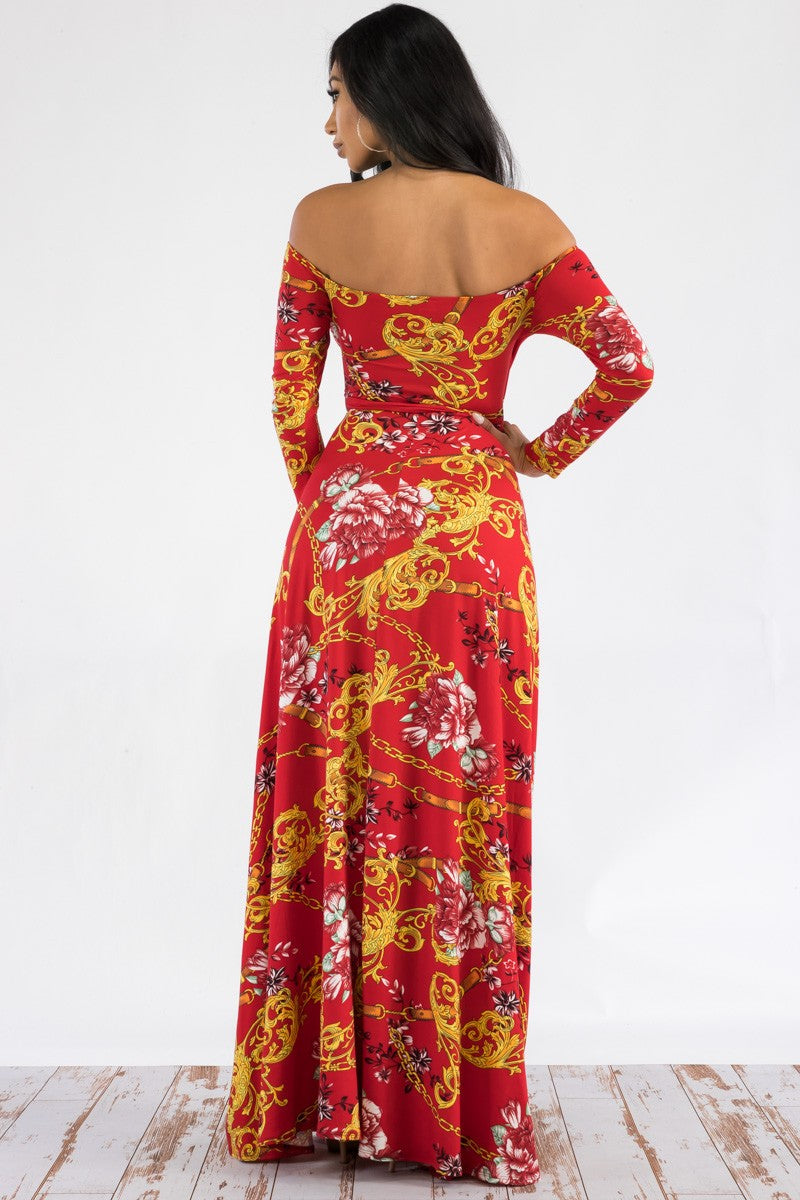 D7787 - Off The Shoulder Long Sleeve Maxi Dress