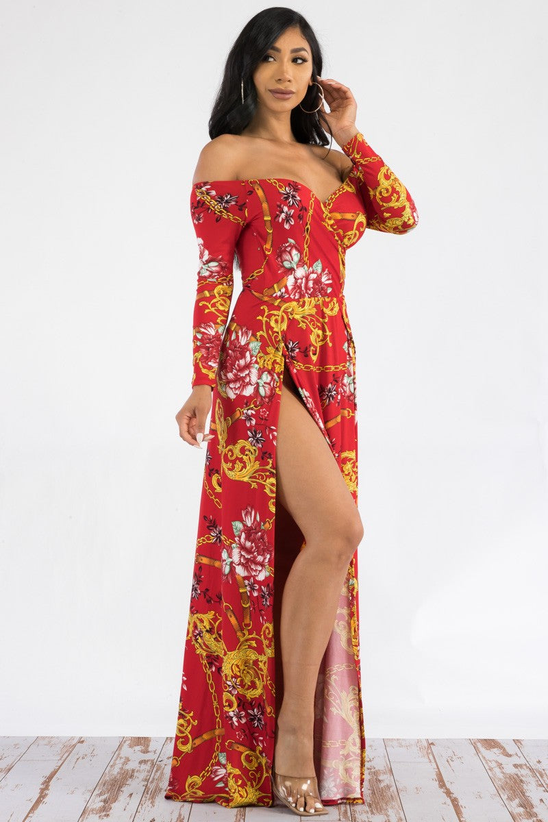 D7787 - Off The Shoulder Long Sleeve Maxi Dress