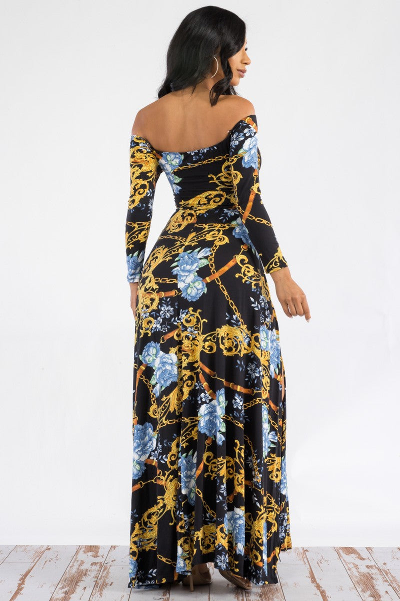 D7787 - Off The Shoulder Long Sleeve Maxi Dress