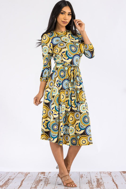 HH583X-P-CH Plus Chain Multiprint Midi Tie-Up Dress with Midi Sleeves