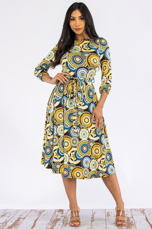 HH583X-P-CH Plus Chain Multiprint Midi Tie-Up Dress with Midi Sleeves