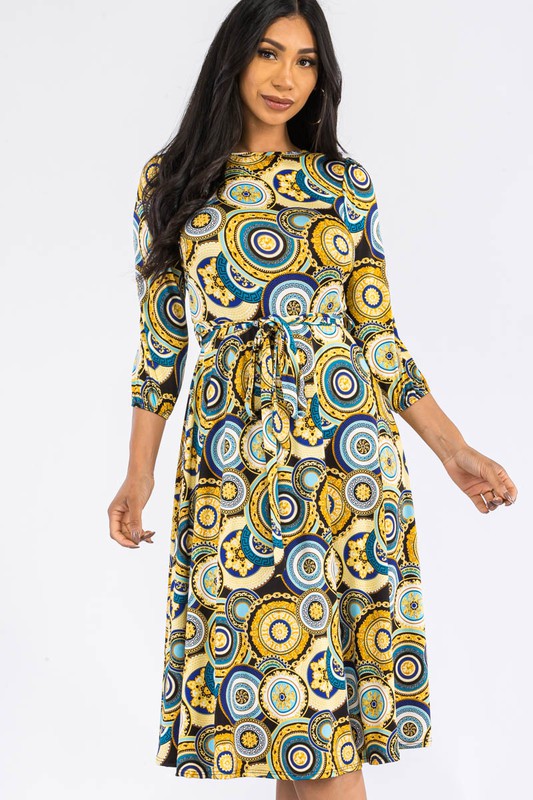 HH583X-P-CH Plus Chain Multiprint Midi Tie-Up Dress with Midi Sleeves