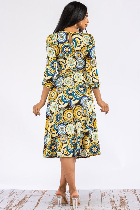 HH583X-P-CH Plus Chain Multiprint Midi Tie-Up Dress with Midi Sleeves