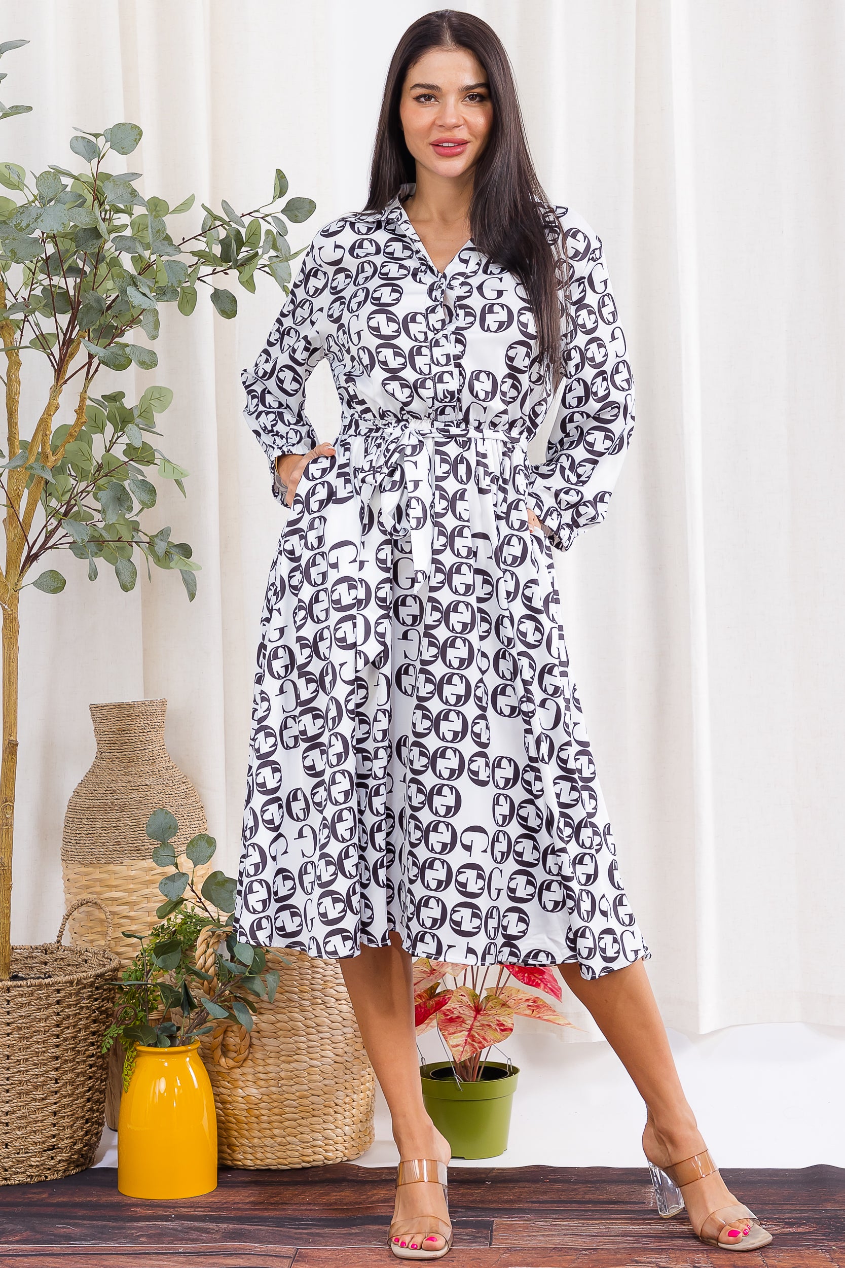 H003X-P Plus Size Printed Button-Down Belted Midi Dress