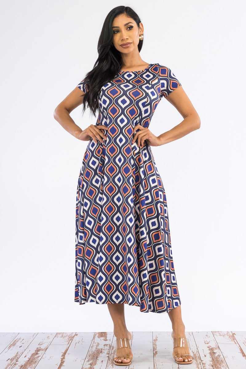 SAN144X-GEOMETRIC - CAP SLEEVE MAXI DRESS