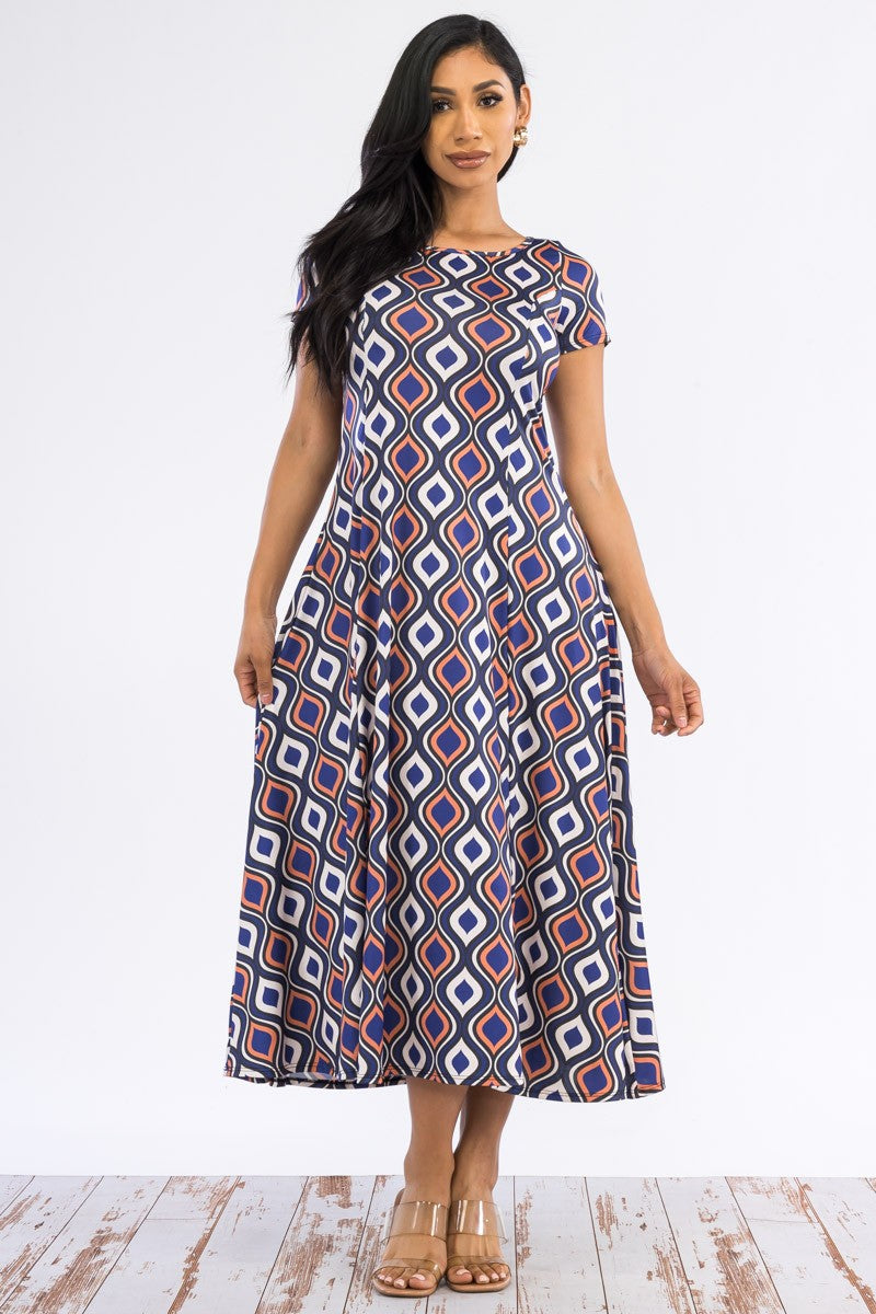 SAN144X-GEOMETRIC - CAP SLEEVE MAXI DRESS