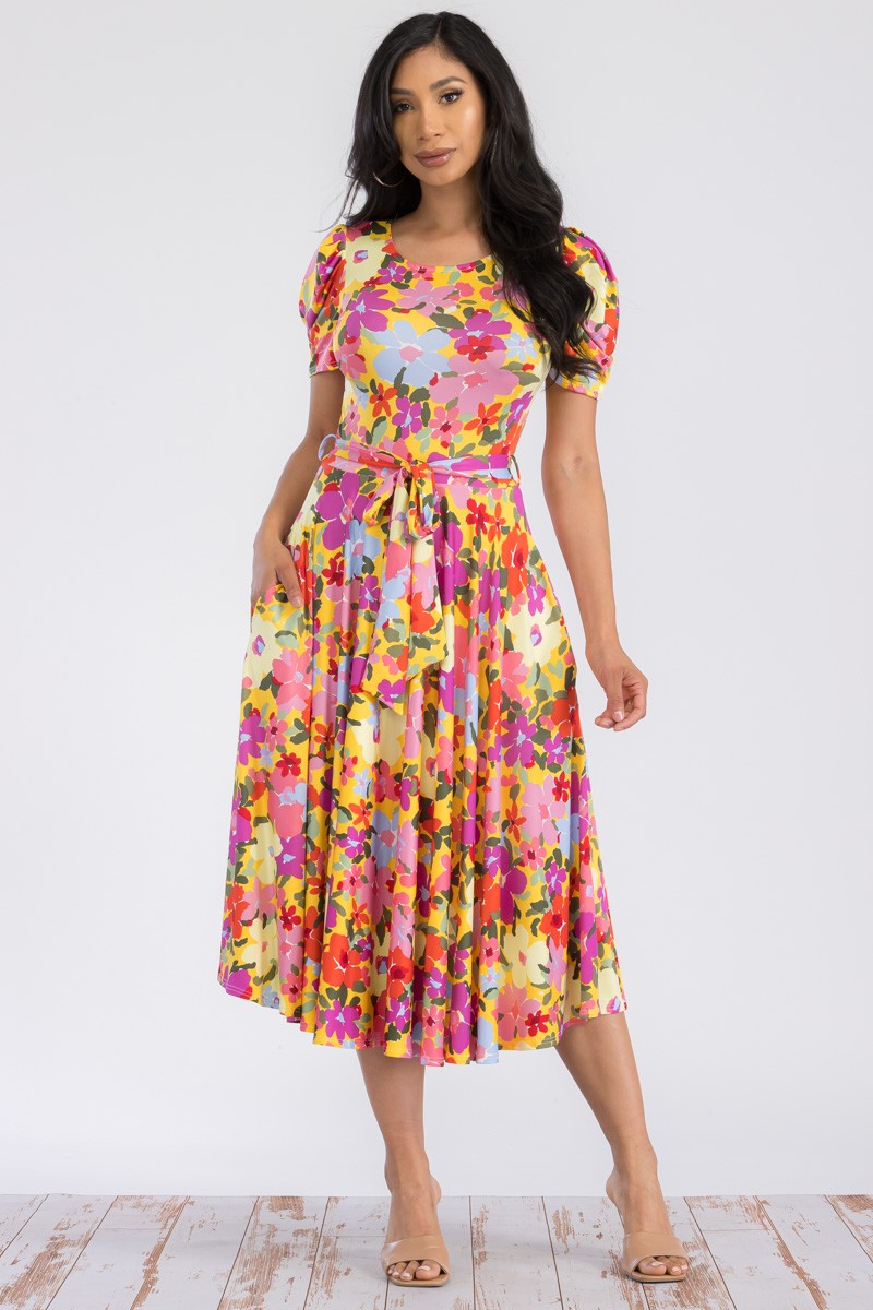 HH698R-FLORAL - PUFF SLEEVE MIDI COCKTAIL DRESS