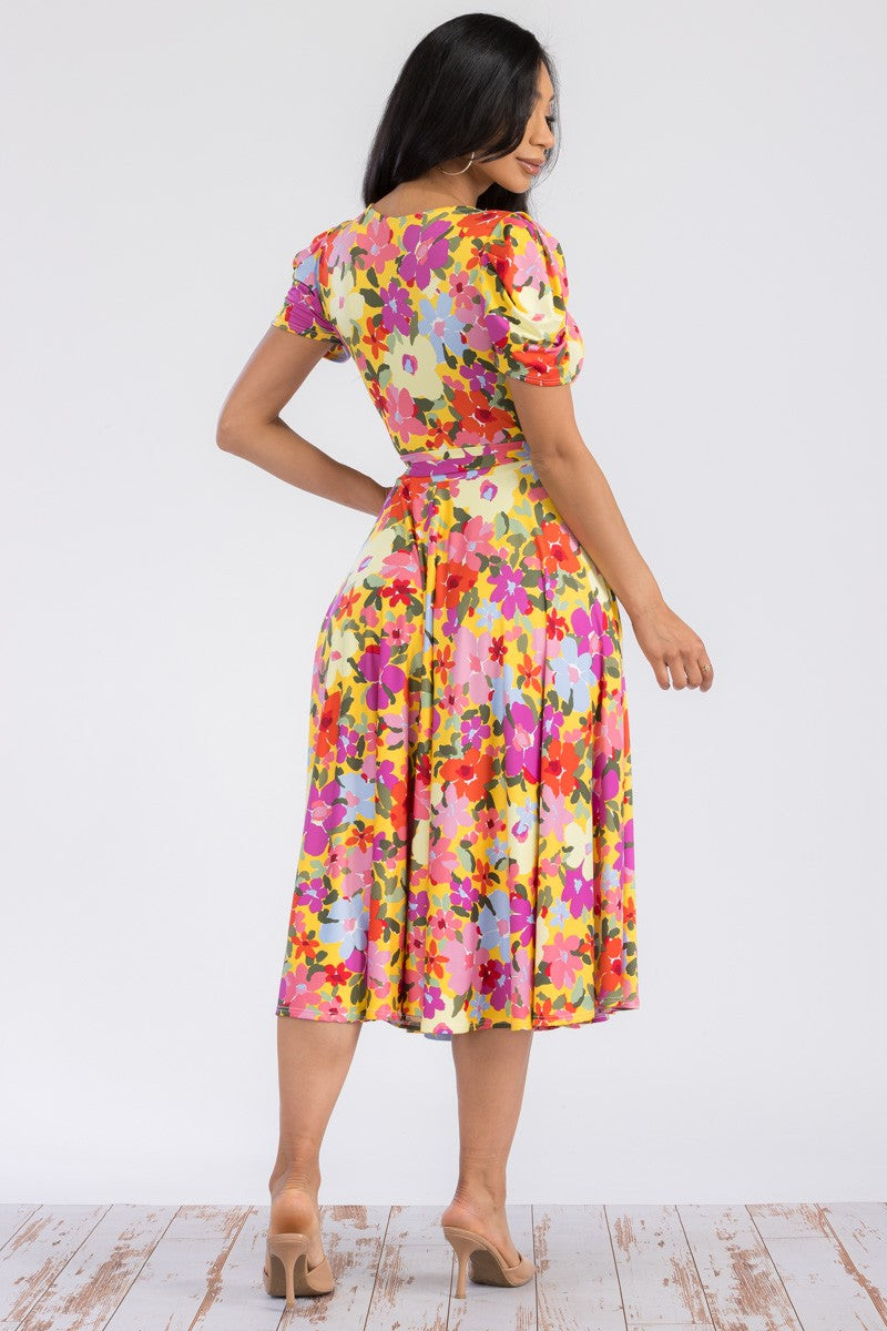 HH698R-FLORAL - PUFF SLEEVE MIDI COCKTAIL DRESS