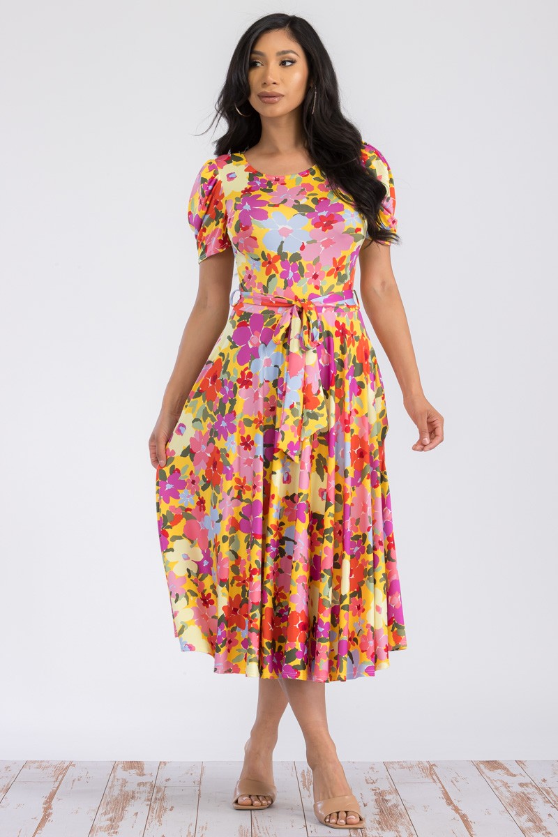 HH698R-FLORAL - PUFF SLEEVE MIDI COCKTAIL DRESS