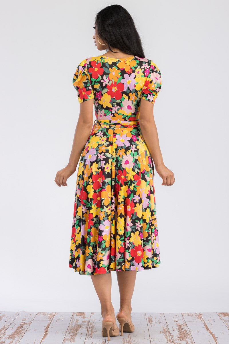 HH698R-FLORAL - PUFF SLEEVE MIDI COCKTAIL DRESS