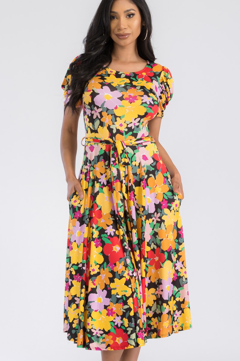 HH698R-FLORAL - PUFF SLEEVE MIDI COCKTAIL DRESS